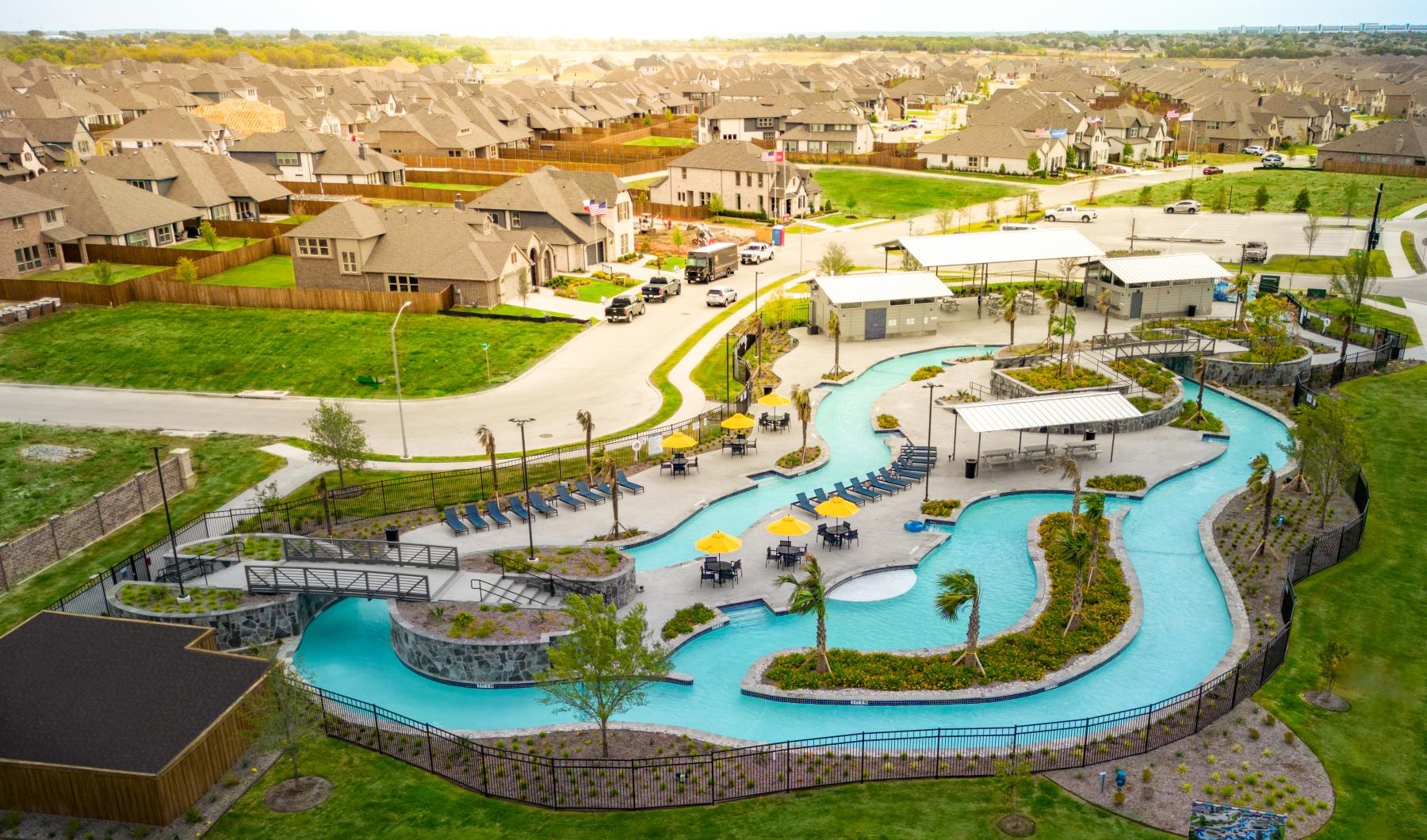 a pool surrounded by buildings