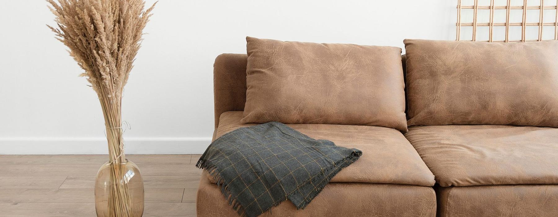 living room with a throw on a couch beside a large floor vase with a plant in it